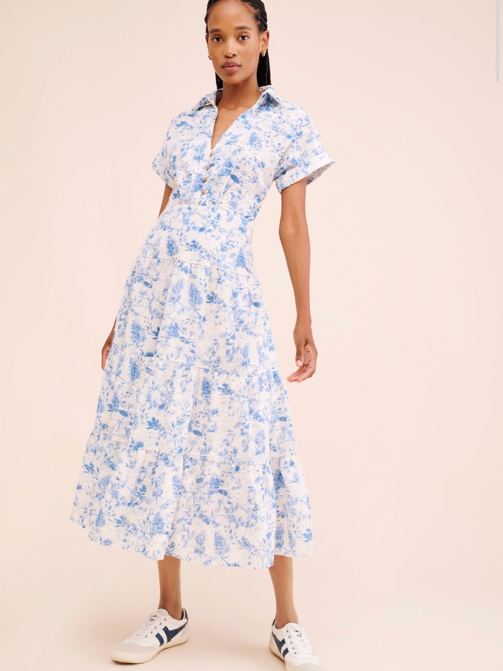 En Saison Blue Floral Shirt-Collar Midi Dress